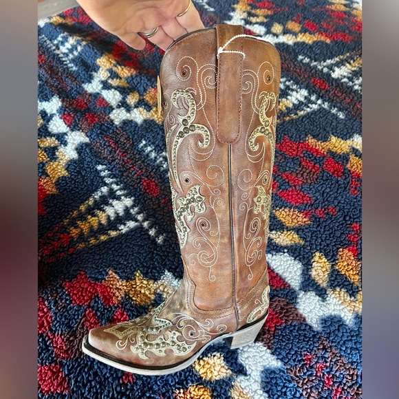 CORRAL WOMEN'S BROWN STUDDED OVERLAY WESTERN BOOTS - SNIP TOE - Picture 8 of 12